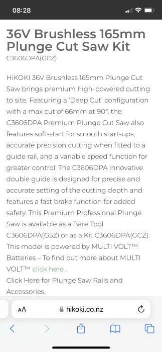 Webbsida visar information om HiKOKI 36V dyksåg med borstlös motor och 165mm sågblad.