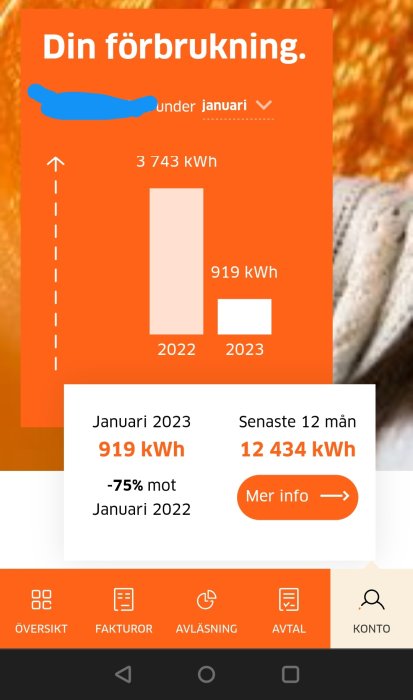 Energiförbrukningsdata, jämförelse över tid, betydande minskning, användargränssnitt, mobilskärm, elanvändning, graf, informationsapp.