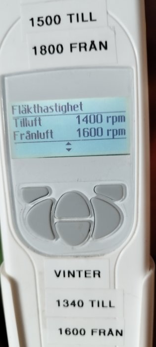 Elektronisk enhet med display som visar fläkthastighet på svenska, knappar nedanför, vit plast, textetiketter.