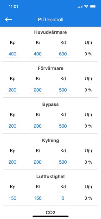 Skärmdump av en app för PID-kontroll inom teknik med justerbara värden för olika processparametrar.