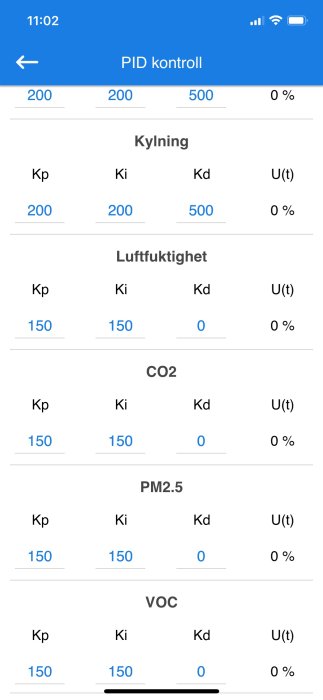 Mobilskärmbild av PID-regleringsgränssnitt för kylning, luftfuktighet, CO2, PM2.5, VOC med parametrar Kp, Ki, Kd, U(t).