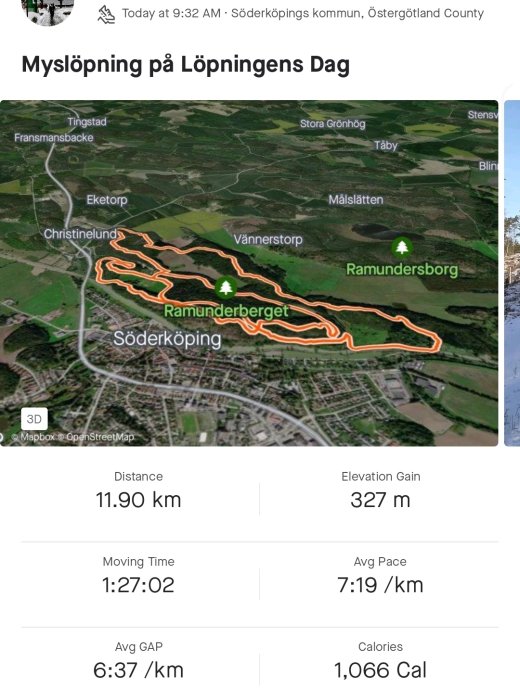 Löpaktivitet, karta, distans 11.90 km, höjdvinst 327 m, tid 1:27:02, tempo 7:19/km, kalorier 1066.