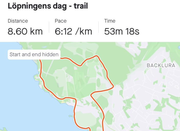 Karta visar en löprunda på 8.60 km, med tiden 53 minuter och 18 sekunder, fart 6:12/km, naturterräng.