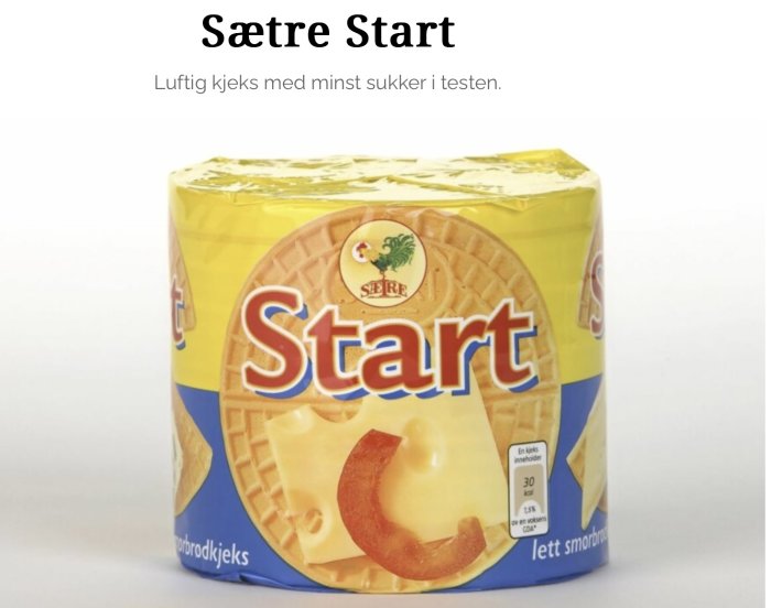 En förpackning Sætre Start kex med text "Luftig kjeks med minst sukker i testen."