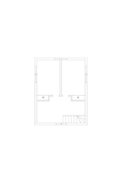 Ritning av byggnadsplan, två våningar, entré, trappa, grundläggande arkitektonisk layout.