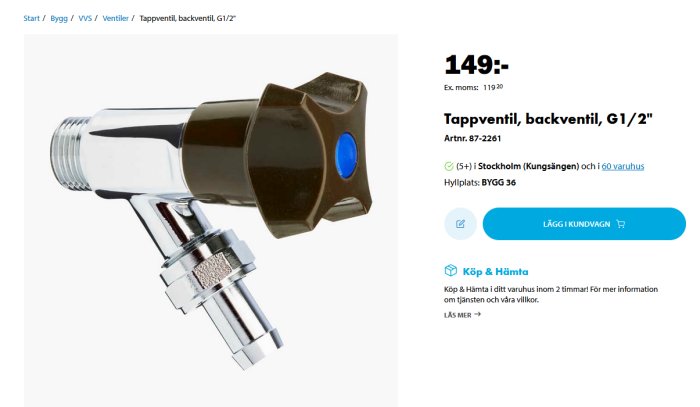 En backventil för VVS, G1/2 tum, productbeskrivning, prisinformation och lagerstatus på en webbsida.
