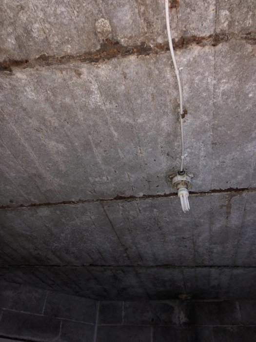 Energisparlampa hänger från betongtak med synliga rostfläckar och ledningar i ett rått område.