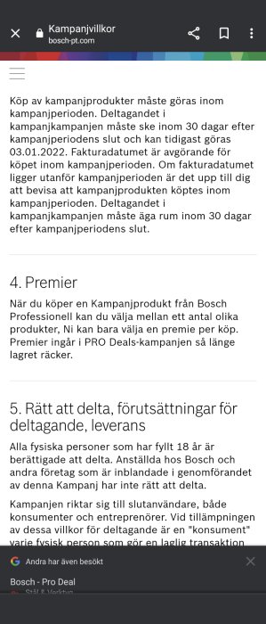 Skärmavbild av kampanjvillkor på webbsida, deltagande och premier för Bosch-produkter, Svenska, mobil vy.