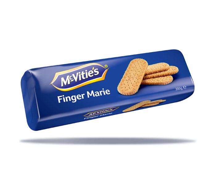 Förpackning av McVitie's Finger Marie-kakor, 200g, med produktbild på framsidan.