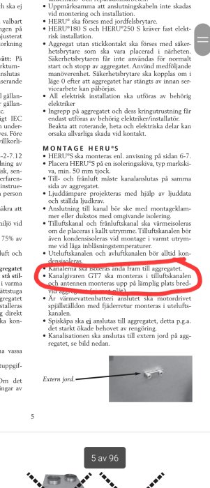 Svensk installationstext för enhet, röda markeringar, diagram nederst, sidnummer fem av nittiosex.