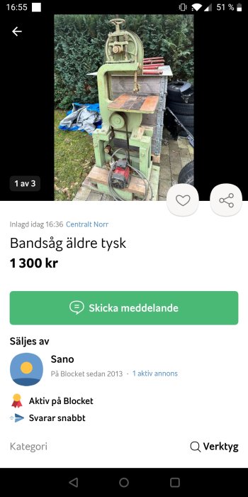 En äldre tysk bandsåg till salu på Blocket, grön, utomhus, för 1300 kronor.