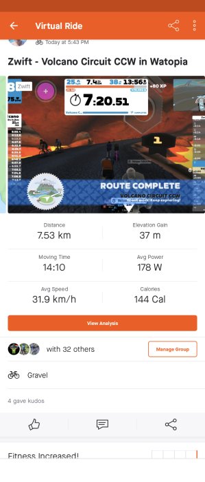 Skärmdump av Zwift virtuell cykeltur, 7.53 km, 37 m höjd, 14:10 minuter, 31.9 km/h, 178 W.