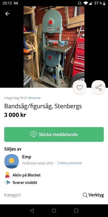 En bandsåg eller figursåg från Stenbergs till salu för 3000 kronor i Bromma på Blocket.