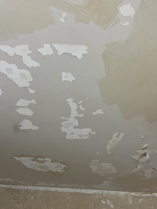 En vägg med skalad målfärg och spackel, tecken på fukt och behov av renovering.