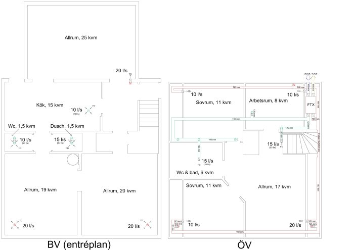 Tvåvåningshus planritningar med rumstorlekar och ventilationsflöden angivna.