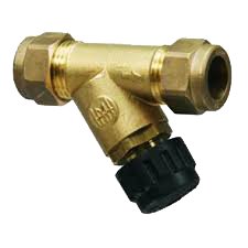 Mässingsfärgad backventil med tre anslutningar och svart justeringshandtag, troligen för rörledningssystem.