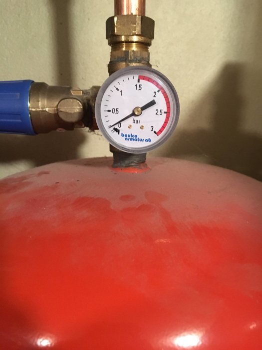 Tryckmätare på rörsystem, kopplad till röd expansionstank, visar cirka 1,5 bar.