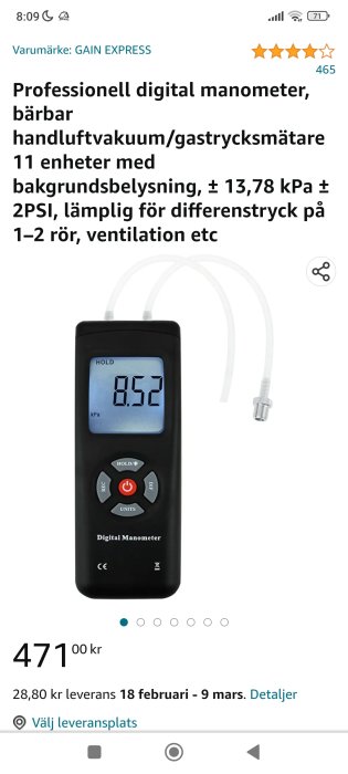 Digital manometer, portabel, tryckmätning, bakgrundsbelysning, slang, svart, enhetsknappar.