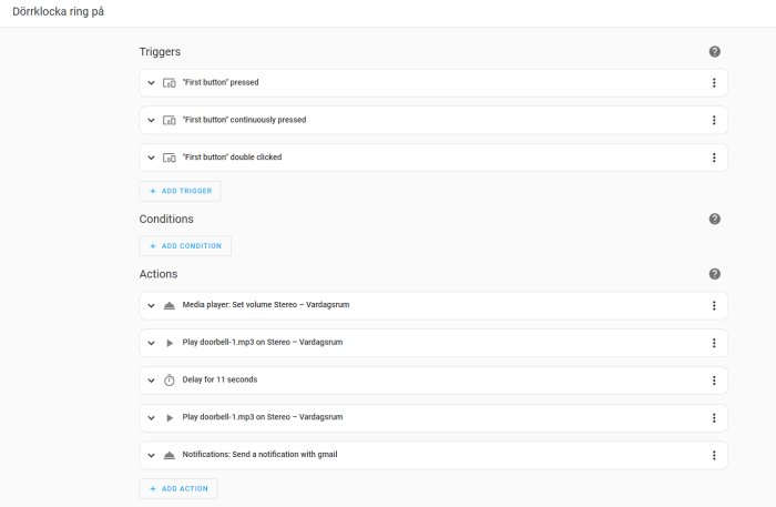 Skärmbild av automatiseringssystem för dörrklocka med triggers, villkor och åtgärder för mediaspelare och notifikationer.