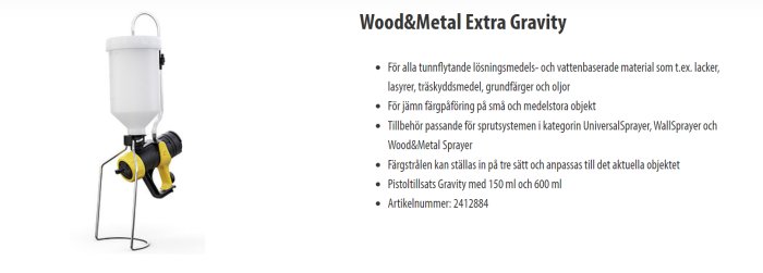 Sprayutrustning, Wood&Metal Extra Gravity, för färg, lack, olja, justerbar stråle, vit behållare, svart och gul pistol.