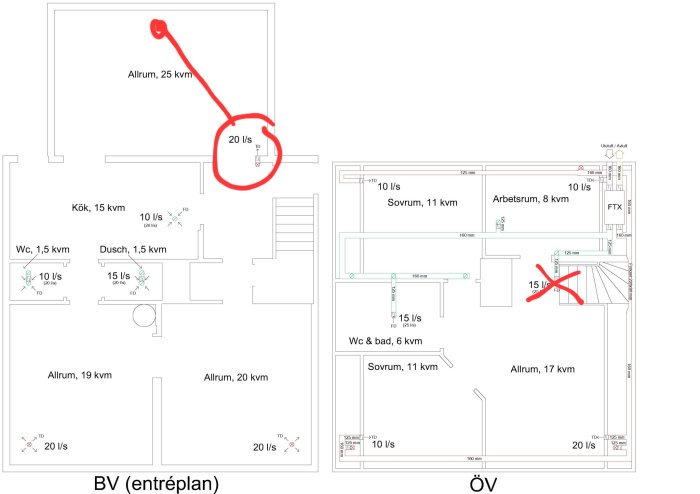 Ritning av hus med markeringar för ventilation, flöden och rumsstorlekar på två våningsplan.