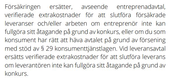 Svensk text om försäkring ersätter extrakostnader vid konkurser eller förseningar enligt konsumentjänstlagen.