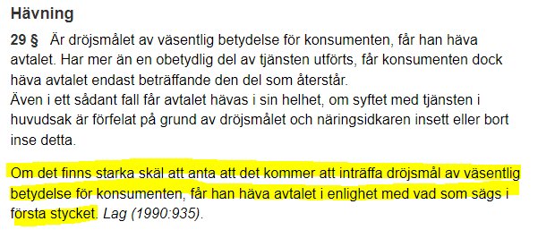 Text om hävning av avtal vid väsentlig betydelse för konsument, gulmarkering, svensk juridisk kontext.