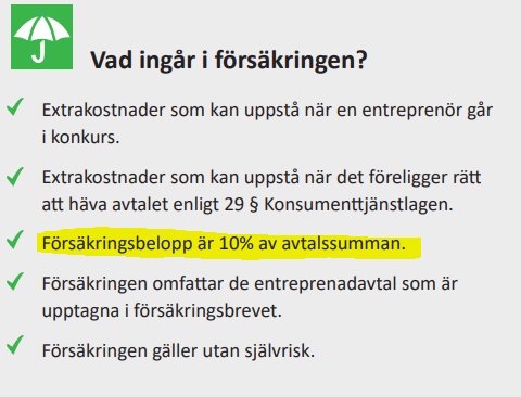 Skärmklipp med text om försäkringsvillkor. Markerat stycke om försäkringsbelopp på 10% av avtalssumman.