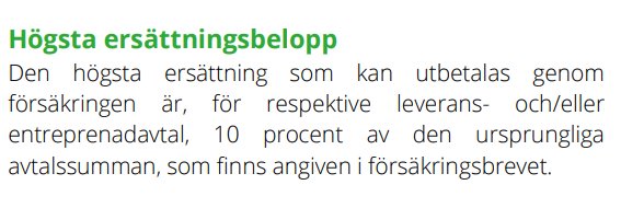 Svensk text om försäkringserättning, grönt rubrik, information om utbetalningsgräns på 10 procent.