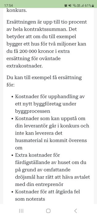 Skärmbild av text om ersättning vid oväntade extrakostnader i byggprocess, inkluderar konkurssituationer, på svenska.