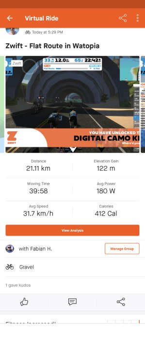 Skärmdump av en Zwift virtuell cykelrunda, med distans, tid, hastighet och annan träningsdata.