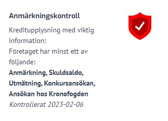 Kreditupplysningssammanfattning med en bock inuti en sköld, listan upplysningskategorier, kontroll datum noterad.