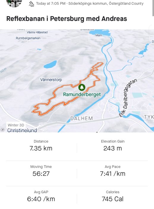 Aktivitetskarta, löprunda, 7.35 km, Ramunderberget, Söderköping, höjdvinst 243 m, genomsnittlig hastighet, kaloriförbränning.