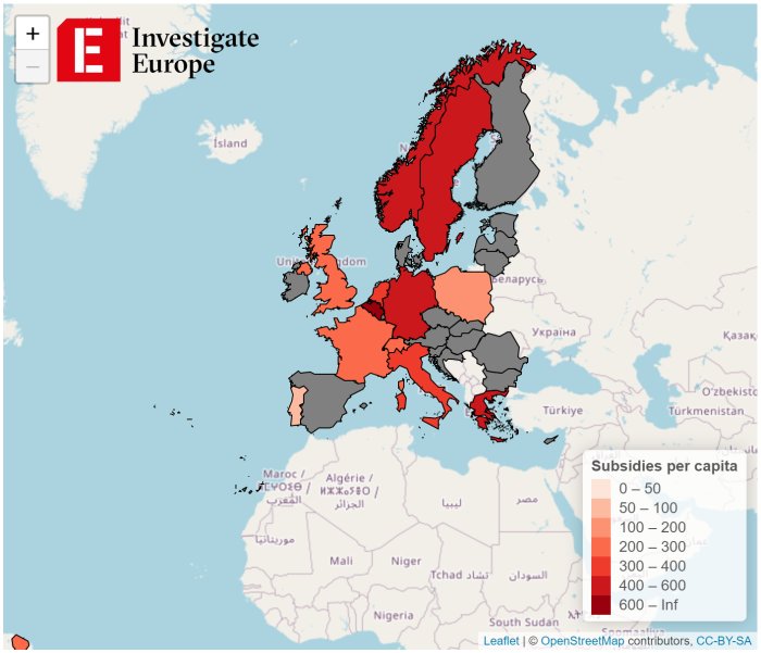 Karta över Europa som visar subventioner per capita med färgkoder, Island och Norge mest subventionerade.