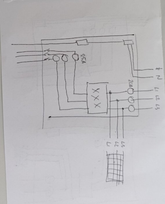 Handritat elektriskt schema med komponenter, ledningar och anmärkningar, orienterat lodrätt på papper.