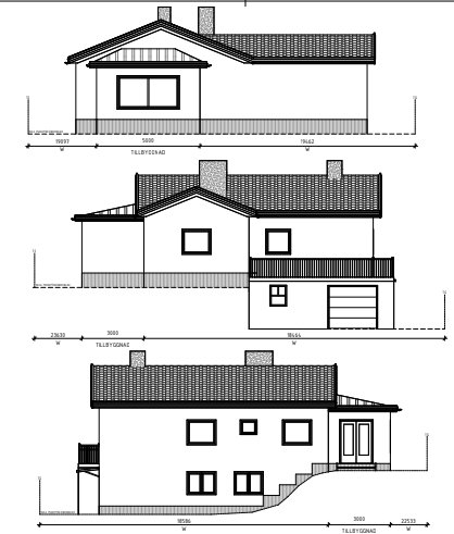 Byggritningar, husets fasader, måttangivelser, detaljer, arkitektonisk design, olika vyer.