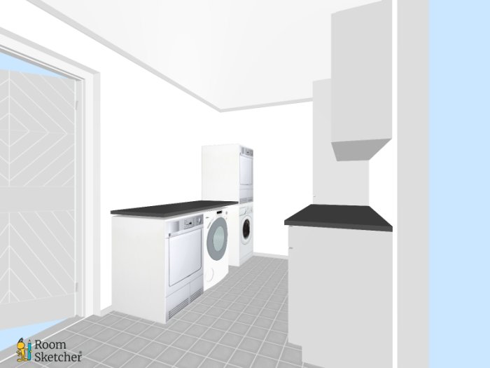 3D-modell av ett tomt tvättrum med tvättmaskin, torktumlare och vita skåp.