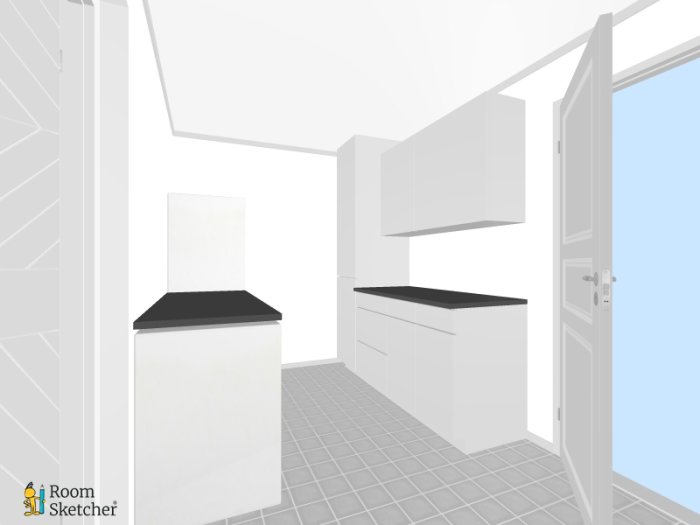 3D-ritning av ett kök, monokroma toner, minimalistisk stil, öppen dörr, skåp, kylskåp och arbetsytor.