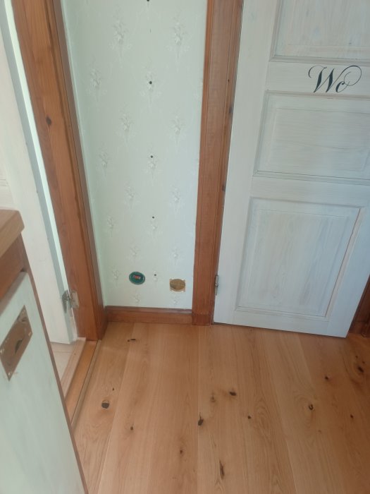 Inredning med trägolv, vit dörr med WC-skylt, trasig dörrfodring, dörrstopp, ljusinsläpp.