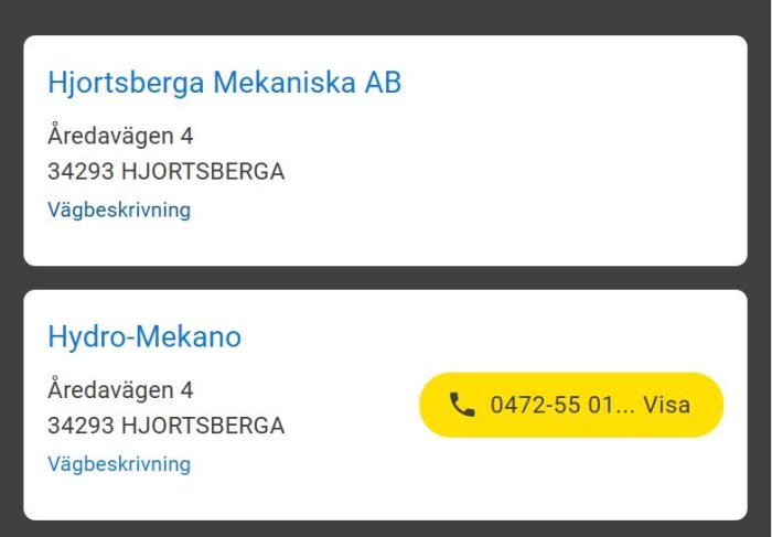 Två företagsnamn, adresser, och en delvis dold telefonnummer; sökresultat eller företagsregisterutdrag.