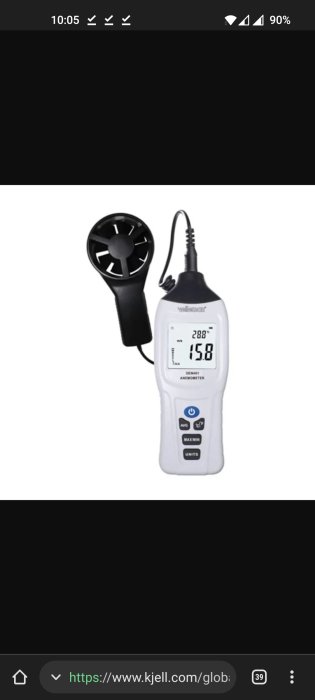 Digital anemometer; mäter vindhastighet och temperatur; svartvit design; LCD-skärm; portabel; knappar för funktioner.