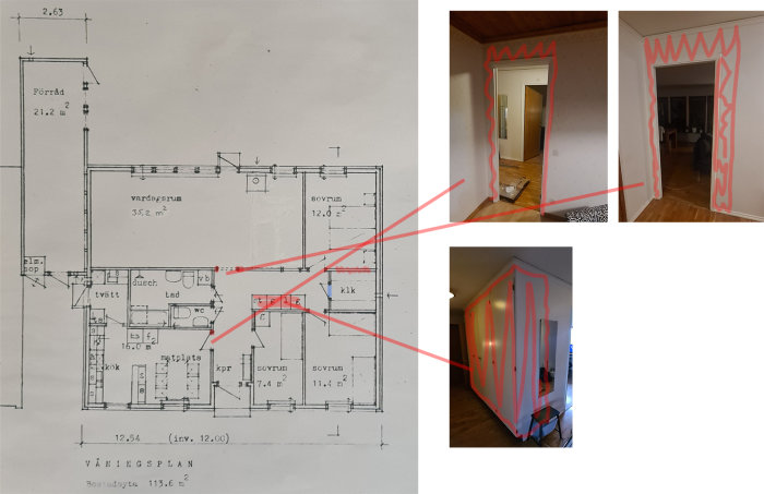 Ritning av lägenhet kopplas till fotografier av rum; markerade väggar synliggör layout i verklig miljö.