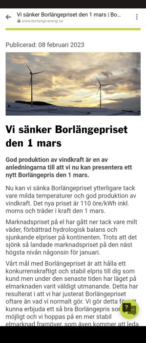 Solnedgång, vinterlandskap, vindkraftverk. Artikel om sänkt elpris i Borlänge, effektiv vindkraft, milda temperaturer, elmarknad.