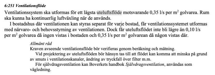 Svensk text om ventilation, krav för uteluftflöden, projekteringstips och självdragsventilationsguidning.