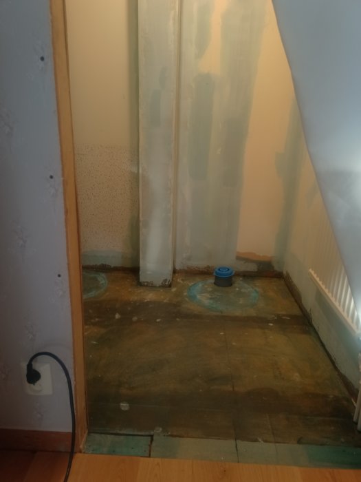 Skadat golv och väggar, renovering behövs, vattenskada, mögel, byggmaterial, bar yta, försummelse.