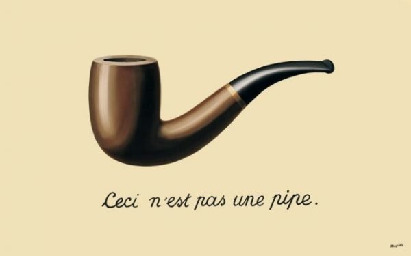 Realistisk målning av pipa med texten "Ceci n'est pas une pipe". Surrealism. Konst av René Magritte.