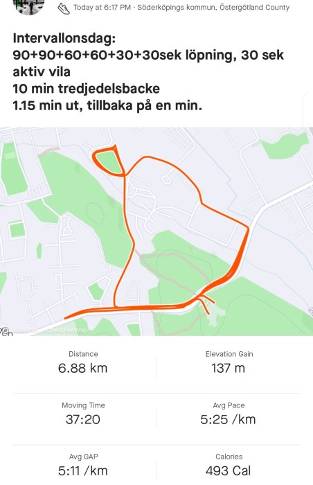 Kartbild visar löprunda på 6.88 km, löptid 37:20, intervaleträning med backintervaller och kaloriförbrukning på 493 Cal.