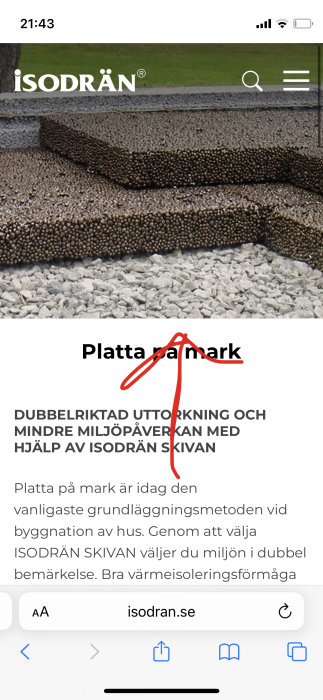 Skärmdump av en webbsida, informationsgrafik om grunden i bygg samt delvis röd teckning/markering över text.