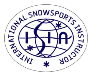 Oval logotyp, blå text och linjer, "International Snowsports Instructors" runt "ISIA", stjärnor, jordklot, vit bakgrund.