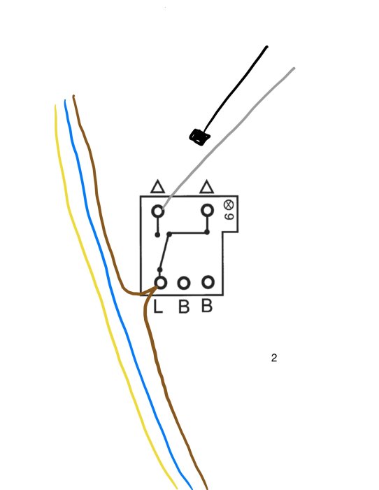 Enkel skiss av elschema och kablage med symboler för elektriska komponenter och anslutningar mot bakgrund.